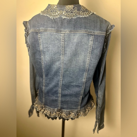 ONADO Paris Women’s Embroidered Lace Asymmetric Hem Cotton Denim Jacket Sz XL/42 - Picture 4 of 13